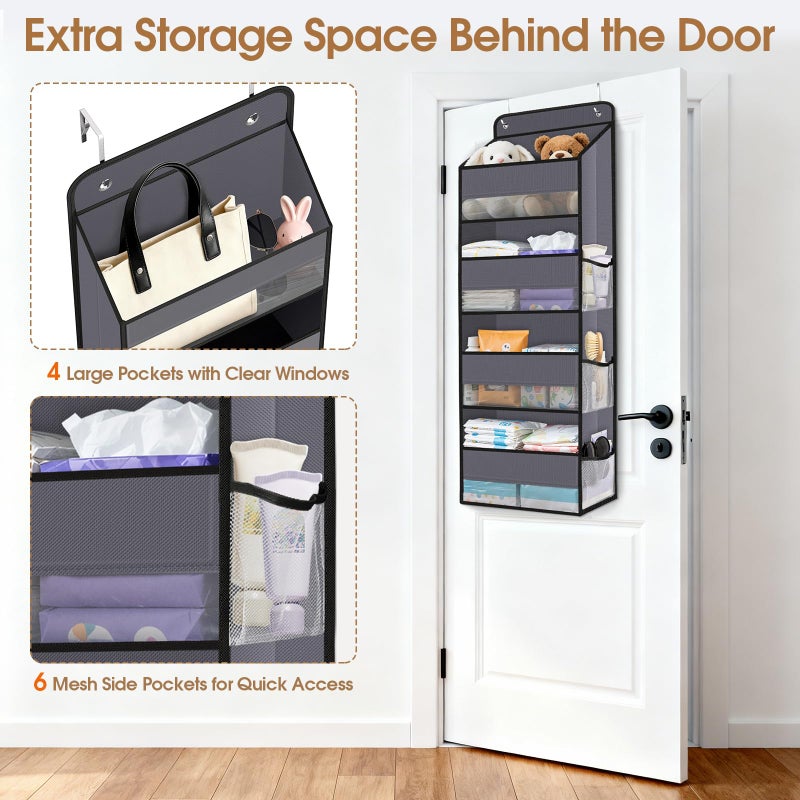 WISELIFE Over The Door Organizer Storage with 4 Large Pockets Door Hanging Organizer with Clear Windows behind The Door Storage for Nursery Bedroom Bathroom Pantry Closet and Baby Essentials Dark Grey - Image 4