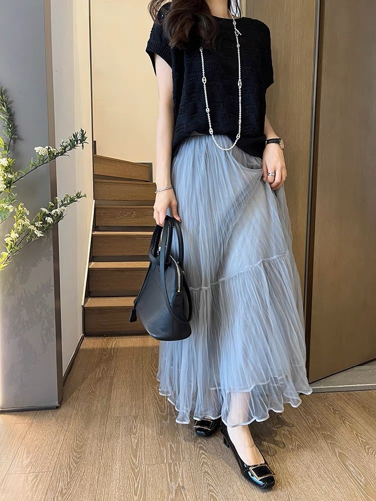 High Waist Tulle A-Line Pleated Skirt Autumn 2023 Haze Blue