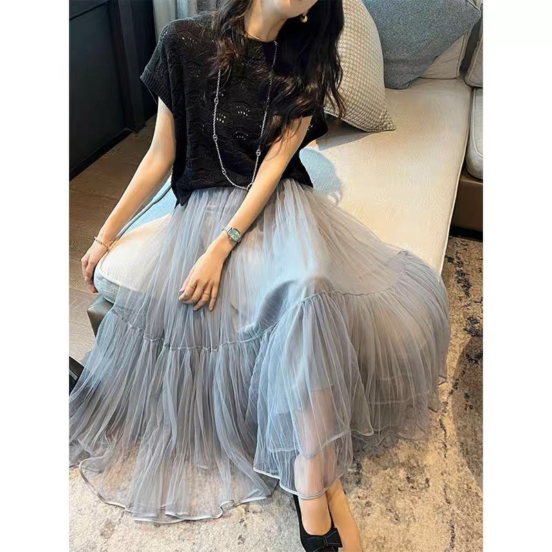 High Waist Tulle A-Line Pleated Skirt Autumn 2023 Haze Blue