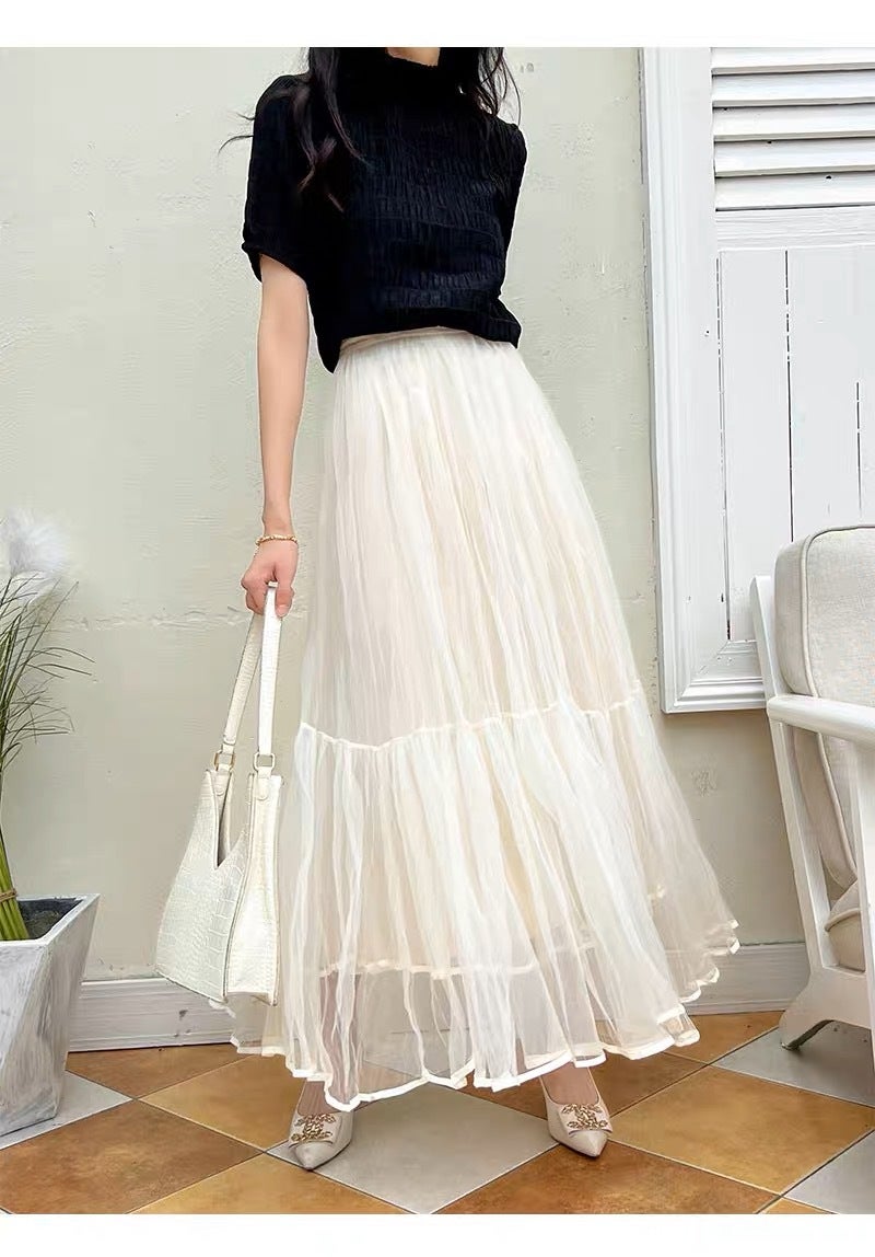 High Waist Tulle A-Line Pleated Skirt Autumn 2023 Haze Blue