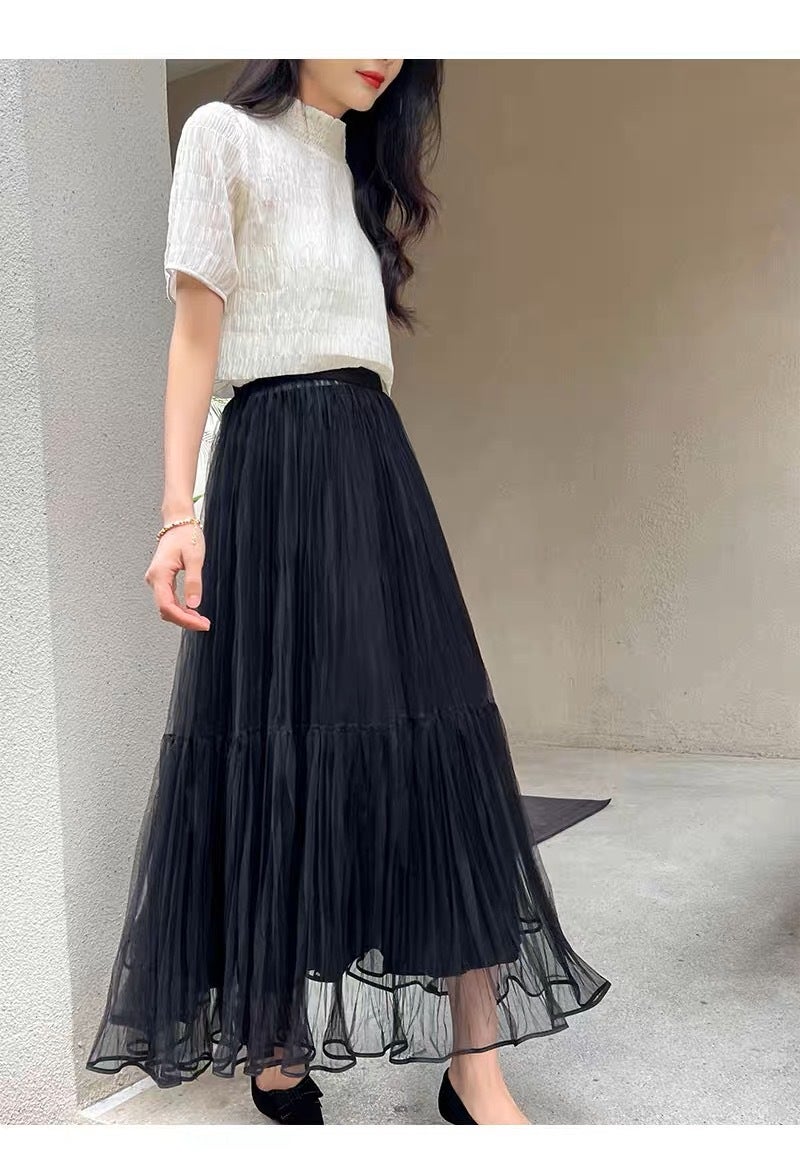 High Waist Tulle A-Line Pleated Skirt Autumn 2023 Haze Blue