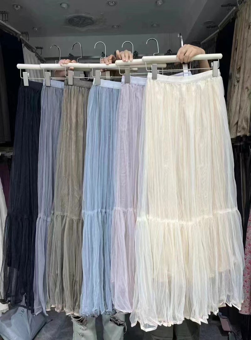 High Waist Tulle A-Line Pleated Skirt Autumn 2023 Haze Blue