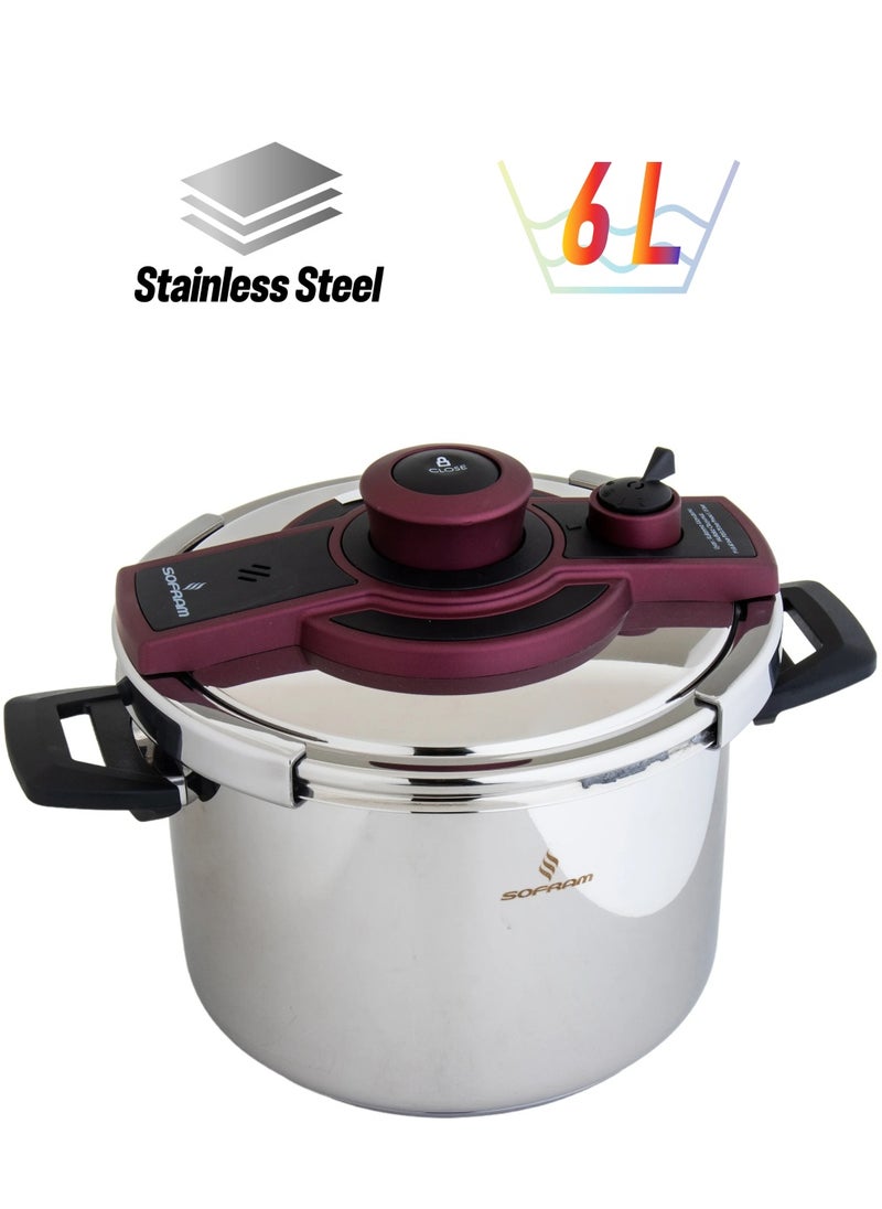 Sofram 6Liters Sofram 18/10 Stainless Steel Pressure Cooker 6L SILVER \ RED  - Image 1