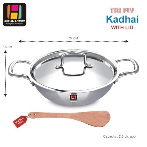 Human Hydro Triply Stainless Steel Kadai with Lid & Wooden Spatula (24CM/2.8L) | 3-Layer Steel-Aluminium-Steel Cookware | Induction & Gas Compatible | Easy to Clean, Heavy-Duty for Curries & Frying - Image 2