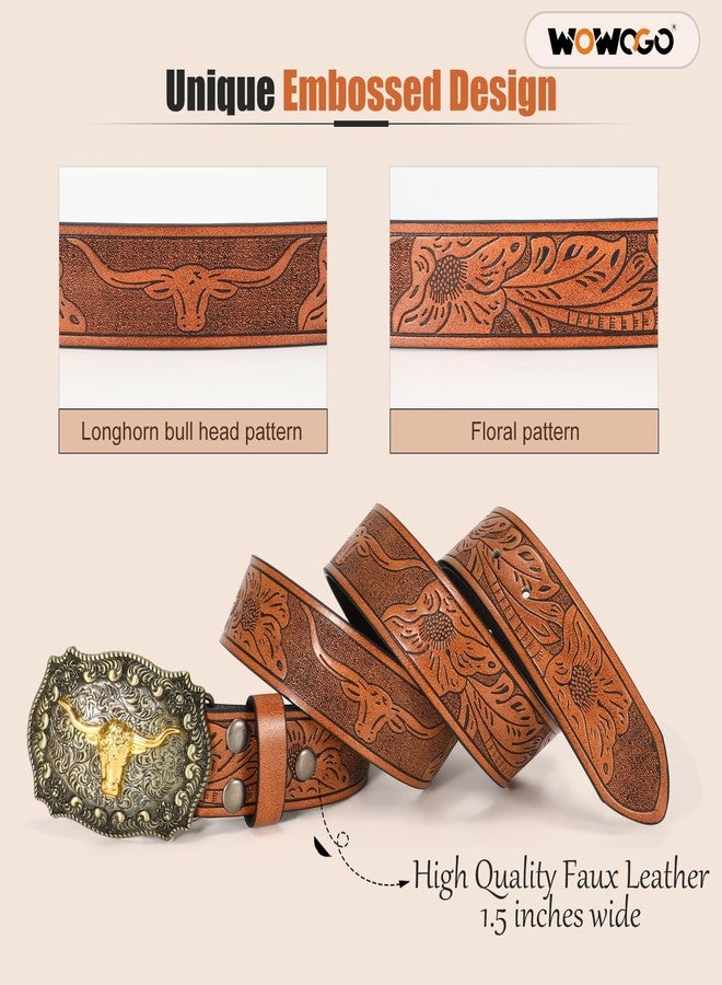 WOWOGO Women Men Western Belts Cowboy Cowgirl Country Belt Longhorn Bull Buckle Floral Embossed Belt for Jeans Dresses - Image 5