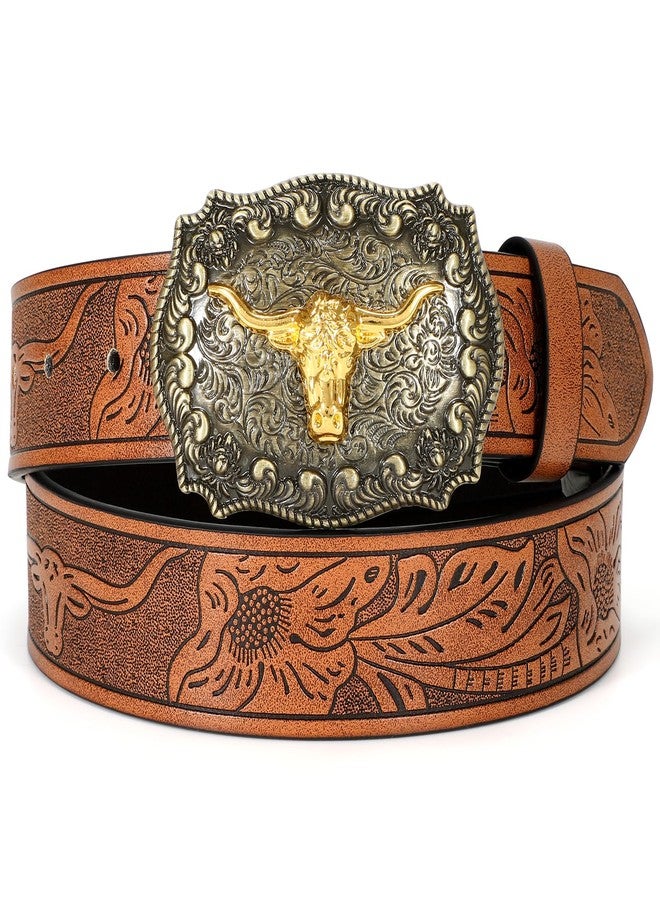 WOWOGO Women Men Western Belts Cowboy Cowgirl Country Belt Longhorn Bull Buckle Floral Embossed Belt for Jeans Dresses - Image 1