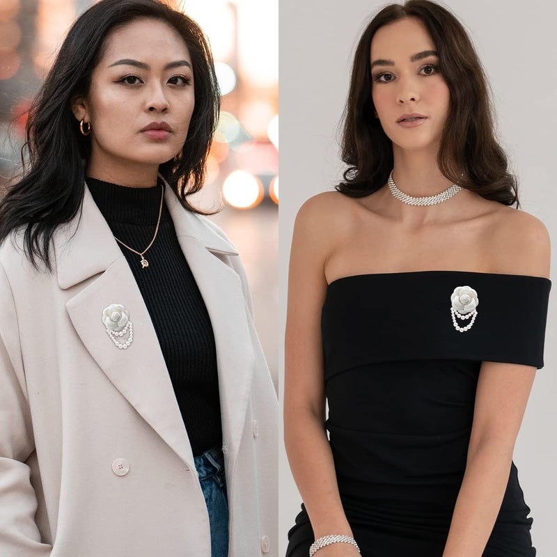 HANNEA® Camellia Flower Brooch for Women, Fabric Floral Pearl Tassel Brooch Pin, Corsage Jewelry Brooches for Women Shirt Blazer Clothing Accessories Party Wedding Gift - Image 5