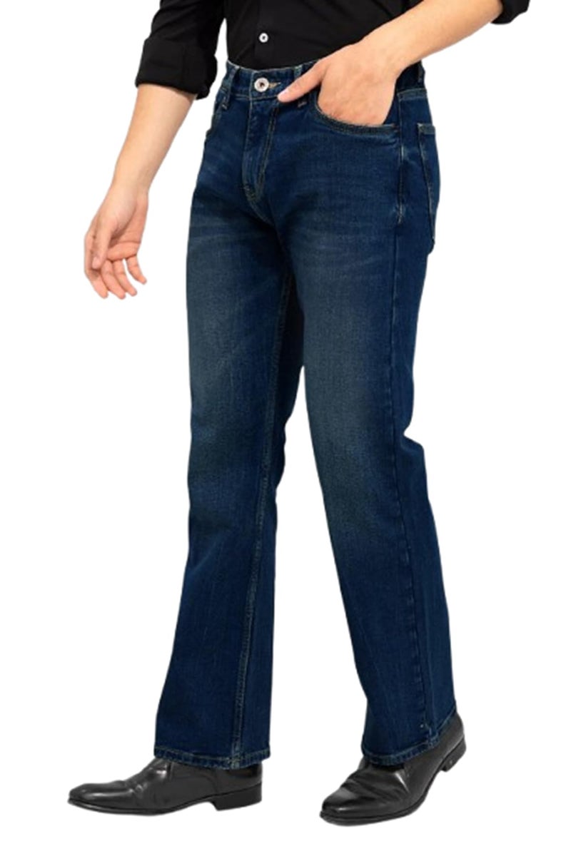 Waltz Men's High Waist Stretchable Boot Cut Wide Leg Flared Casual Dark Blue Denim Cotton Bell Bottom Jeans Pants for Men, 36 - Image 1
