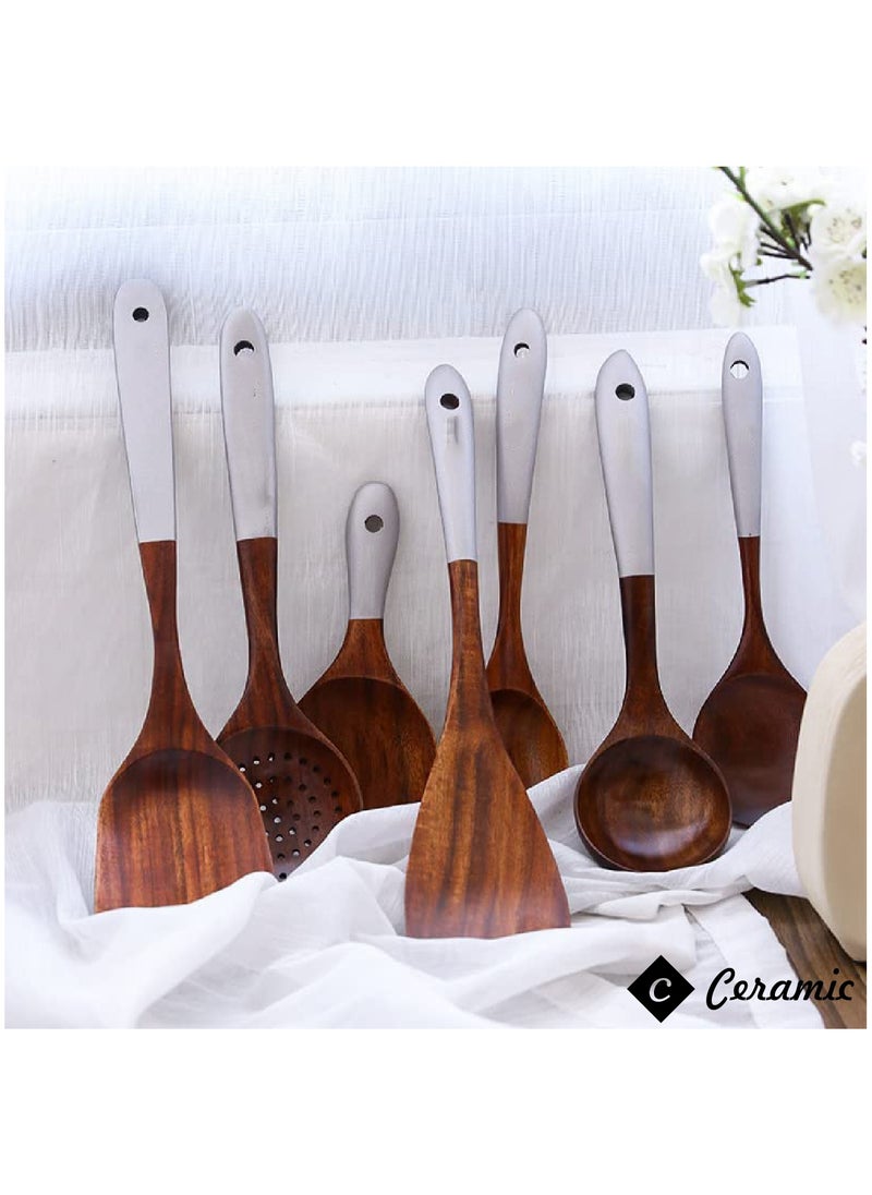 CERAMIC - Solid Wood Cooking Tool Set Eco Friendly Teak Spatula Rice Scoop Protection Tableware Kitchen Supplies 7 Pcs Set - Image 1
