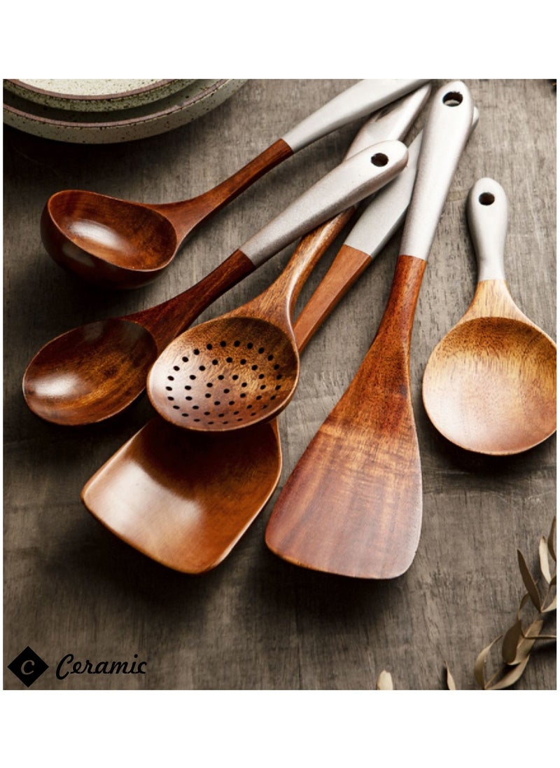 CERAMIC - Solid Wood Cooking Tool Set Eco Friendly Teak Spatula Rice Scoop Protection Tableware Kitchen Supplies 7 Pcs Set - Image 1