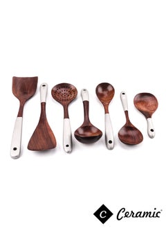 CERAMIC مجموعة أدوات الطبخ من الخشب الصلب صديقة للبيئة من خشب الساج وملعقة الأرز ومغرفة الحماية وأدوات المائدة ومستلزمات المطبخ مجموعة من 7 قطع  - Image 4