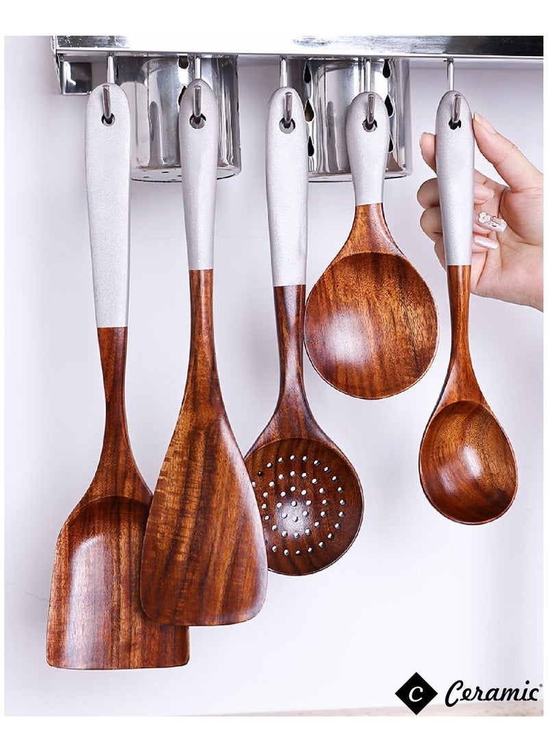 CERAMIC - Solid Wood Cooking Tool Set Eco Friendly Teak Spatula Rice Scoop Protection Tableware Kitchen Supplies 7 Pcs Set - Image 1