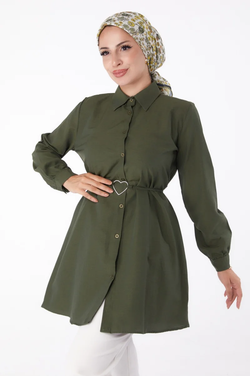 Tofisa Plain Shirt Collar Women's Khaki Tunic - 13280