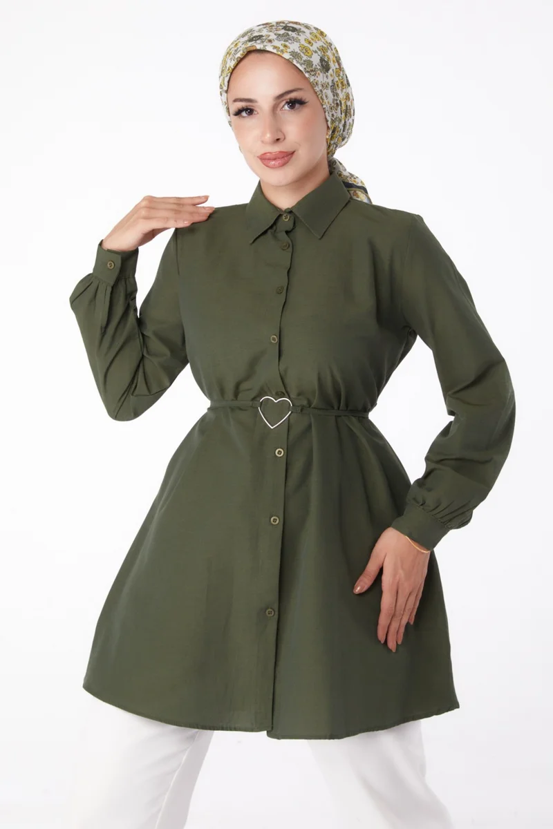 Tofisa Plain Shirt Collar Women's Khaki Tunic - 13280