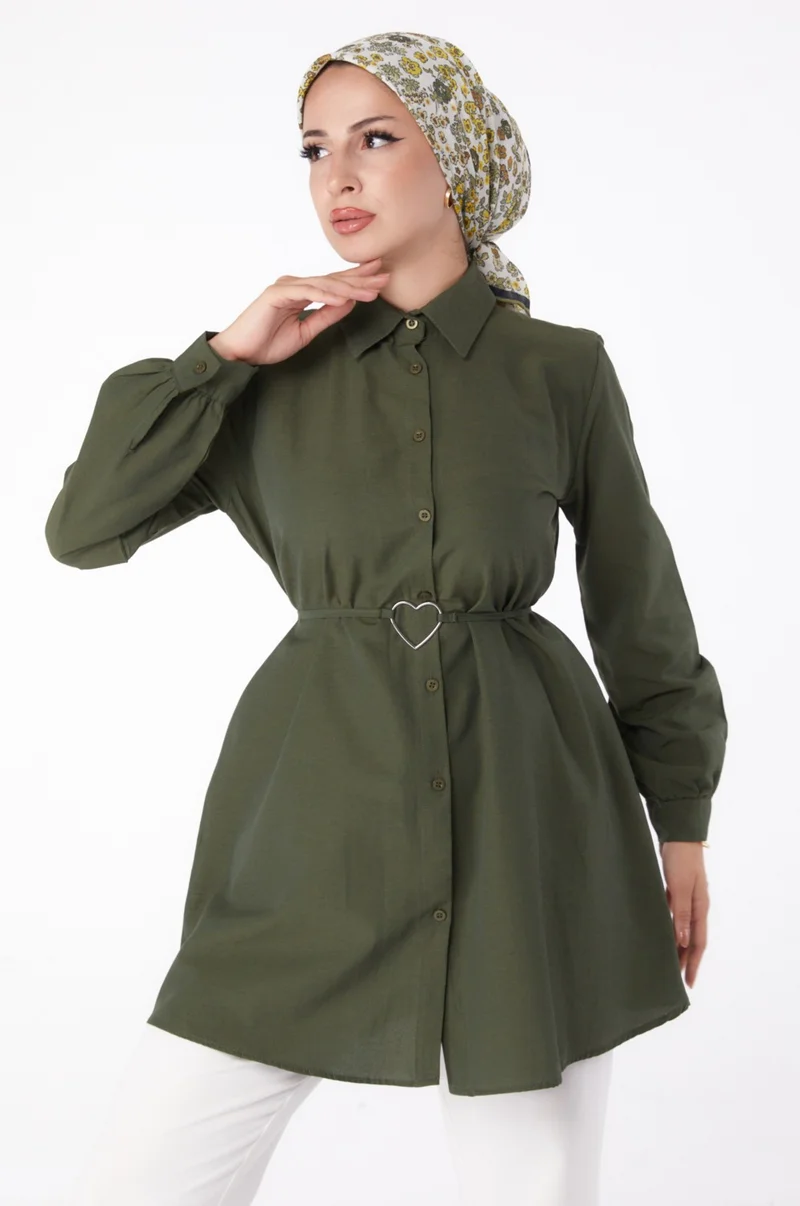 Tofisa Plain Shirt Collar Women's Khaki Tunic - 13280