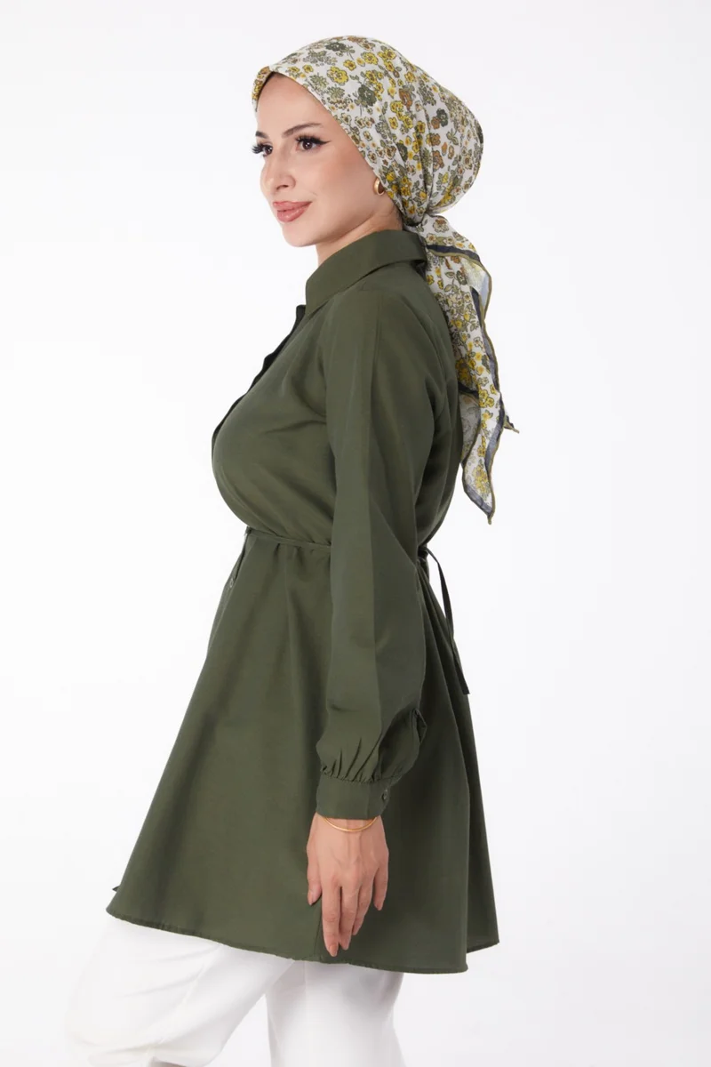 Tofisa Plain Shirt Collar Women's Khaki Tunic - 13280