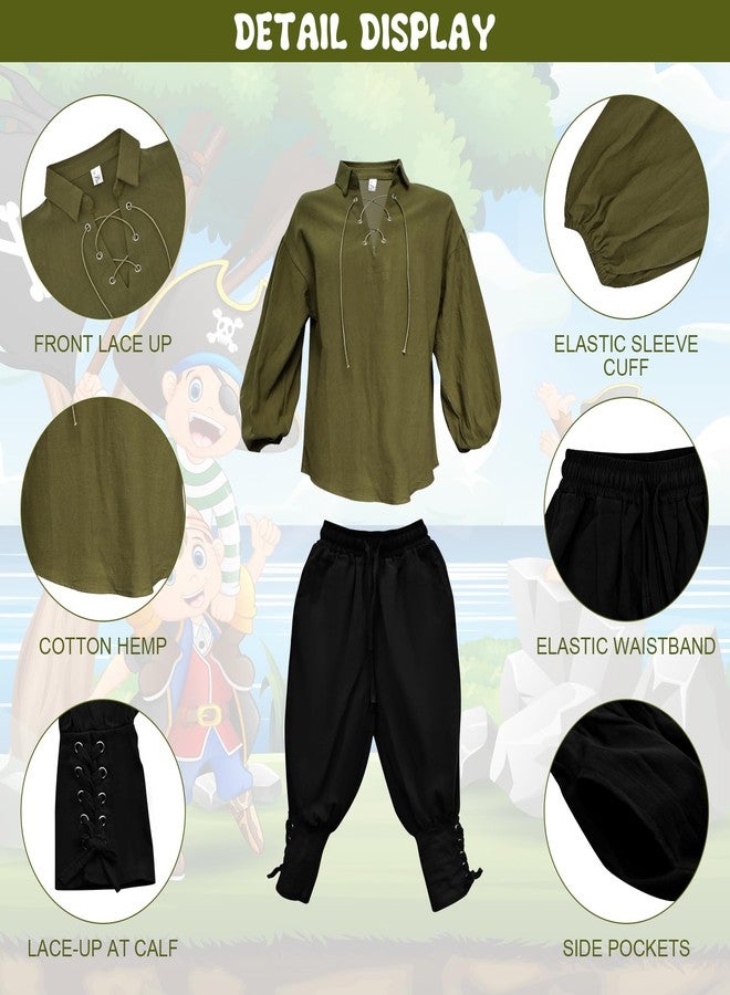 Prebene Boys Medieval Pirate Set Shirt & Ankle Pants Kids Renaissance Halloween Costume Scottish Jacobite Tops and Trousers (Green+Black, 4-6T) - Image 4