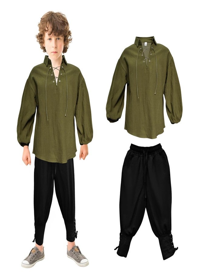 Prebene Boys Medieval Pirate Set Shirt & Ankle Pants Kids Renaissance Halloween Costume Scottish Jacobite Tops and Trousers (Green+Black, 4-6T) - Image 1