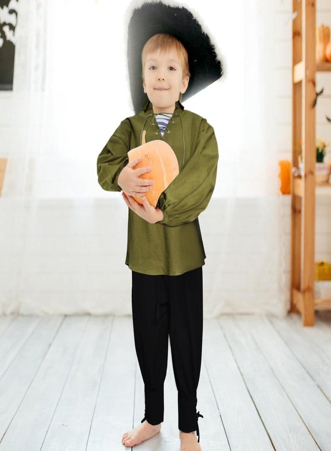 Prebene Boys Medieval Pirate Set Shirt & Ankle Pants Kids Renaissance Halloween Costume Scottish Jacobite Tops and Trousers (Green+Black, 4-6T) - Image 3