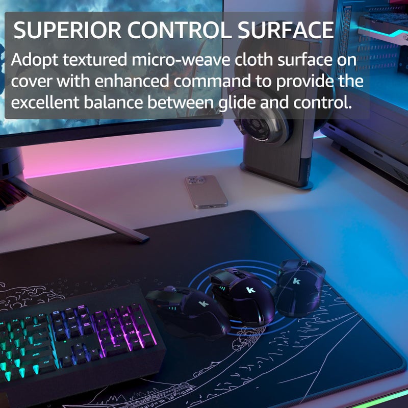 KTRIO Large Gaming Mouse Pad Desk Mat, Superior Micro-Weave Cloth, Non-Slip Rubber Base, Stitched Edges, Water-Resistant, for Gamer, Office & Home, 31.5 x 15.7 Inchï¼ŒKanagawa Wave - Image 2