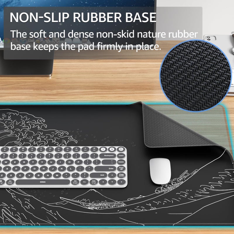 KTRIO Large Gaming Mouse Pad Desk Mat, Superior Micro-Weave Cloth, Non-Slip Rubber Base, Stitched Edges, Water-Resistant, for Gamer, Office & Home, 31.5 x 15.7 Inchï¼ŒKanagawa Wave - Image 4
