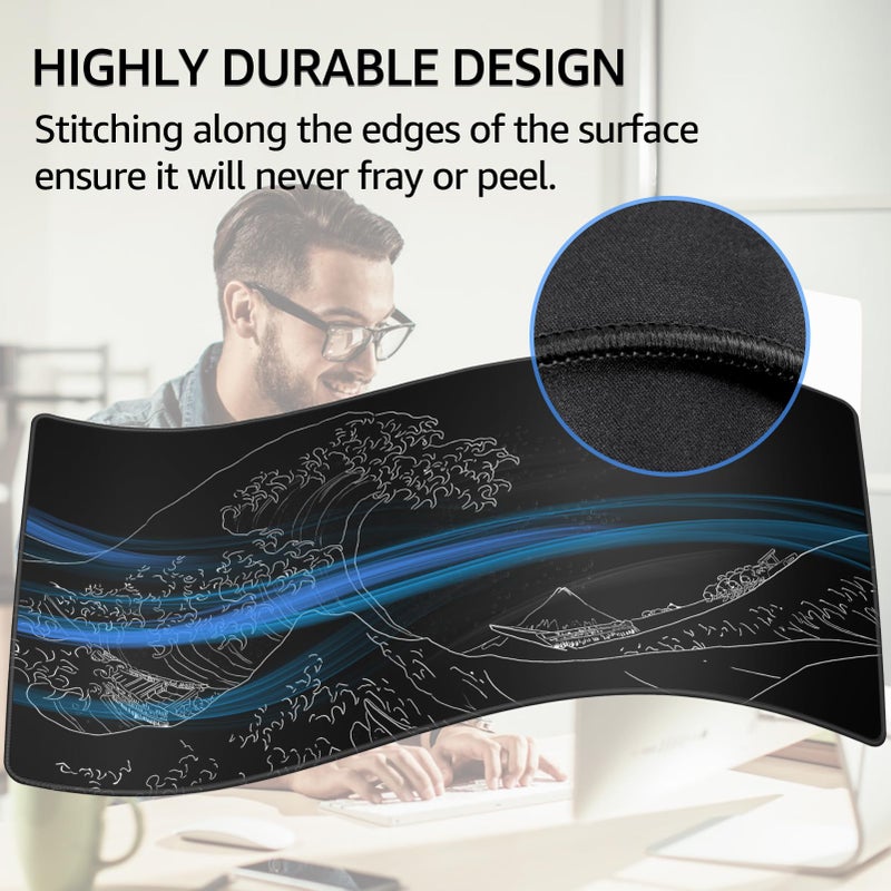 KTRIO Large Gaming Mouse Pad Desk Mat, Superior Micro-Weave Cloth, Non-Slip Rubber Base, Stitched Edges, Water-Resistant, for Gamer, Office & Home, 31.5 x 15.7 Inchï¼ŒKanagawa Wave - Image 3