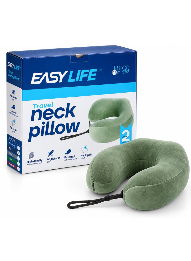 إيزي لايف وسادة رقبة للسفر من إيزي لايف EASY LIFE ميموري فوم عالي الكثافة مع غطاء مخملي ناعم قابل للغسيل وكليبس تثبيت قابل للتعديل لتخفيف آلام الرقبة والظهر مع ضمان سنتين - أخضر زيتي - Image 1