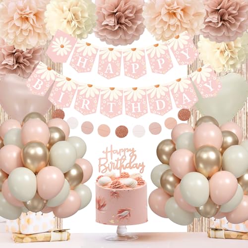 Aurasys Blush Beige Birthday Decorations Party Dcor for Women Boho Party Decorations Daisy Flower Birthday Banner Champagne Fringe Curtain - Image 1