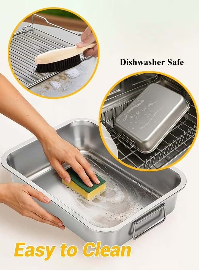 والالا صينية تحميص من الفولاذ المقاوم للصدأ، صينية تحميص مع رف شواء ومقبض للفرن، صينية تحميص عالية الجوانب وسهلة التنظيف تعمل بالحث الحراري للدجاج والخضراوات واللازانيا، 39.5*29.5*7 سم - Image 5