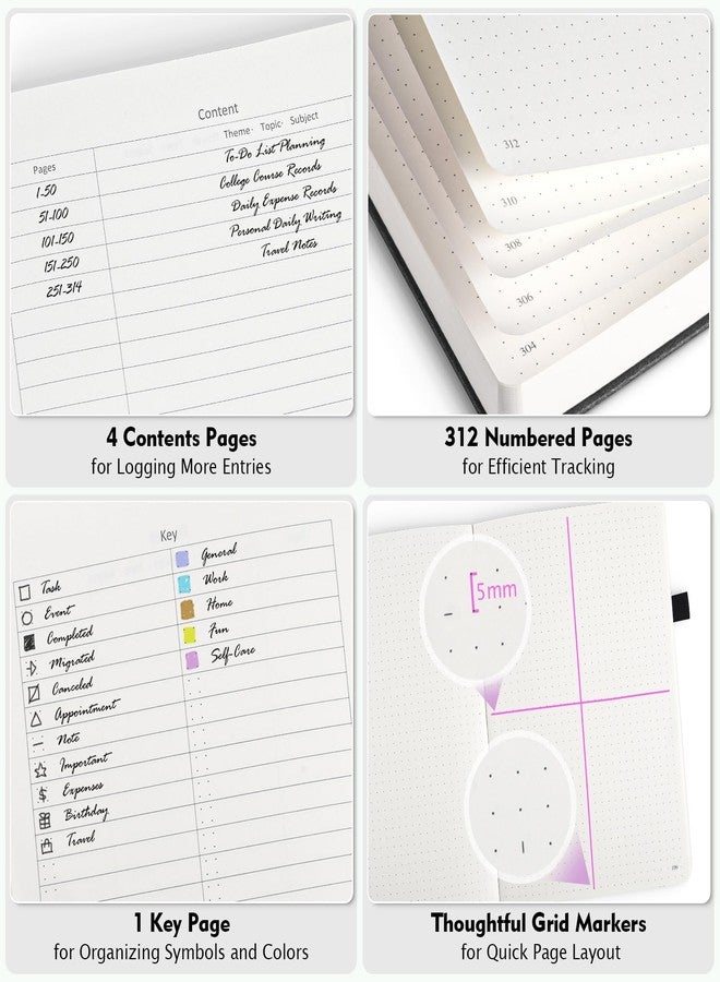 OFFIGIFT Dotted Notebook A5, 312 Numbered Pages Hardback Leather Notebook, 100gsm No Bleed Paper Dot Grid Notebook with Index Pages, Dotted Journal for Bullet Journaling, 14.5 x 21.5cm, Black - Image 3