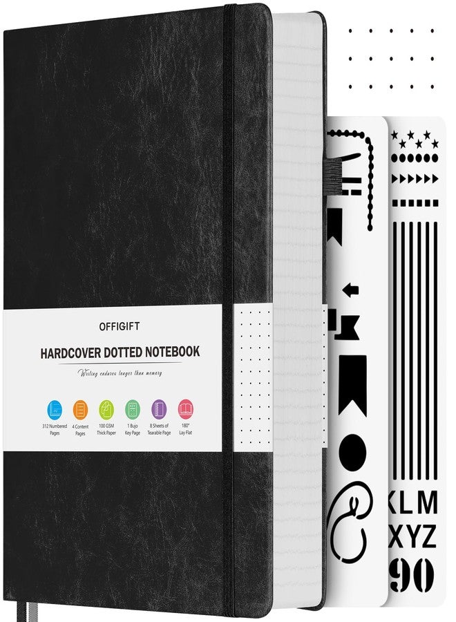 OFFIGIFT Dotted Notebook A5, 312 Numbered Pages Hardback Leather Notebook, 100gsm No Bleed Paper Dot Grid Notebook with Index Pages, Dotted Journal for Bullet Journaling, 14.5 x 21.5cm, Black - Image 1