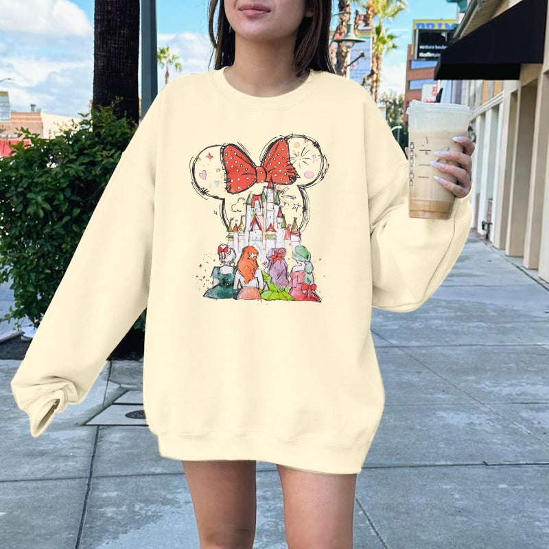 LUKYCILD Magic Kingdom Sweatshirts for Women Castle Oversized Sweatshirt Xmas Holiday Shirt Graphic Long Sleeve Pullover Tops Apricot - Image 3