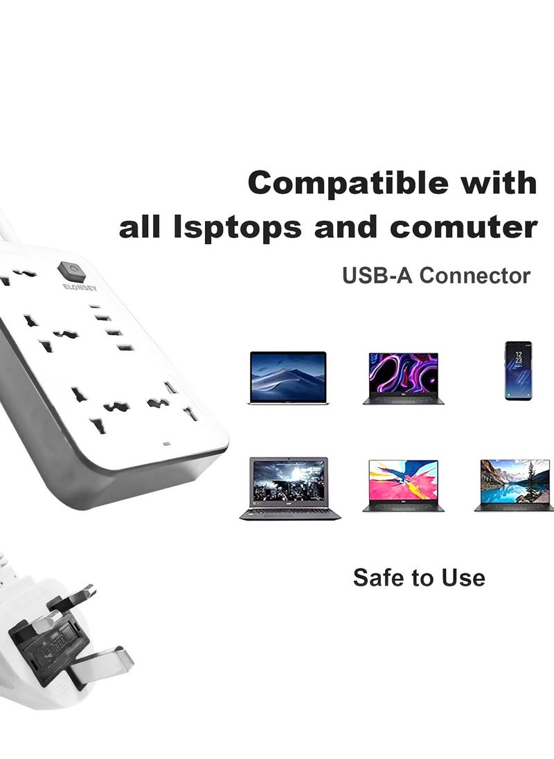 ELONSEY - Universal Power Extension Cord with 4 Power Sockets and 3 USB Slots 4 Way Power Strip with USB C PD Charging Slots Extension Lead 3m - White - Image 1
