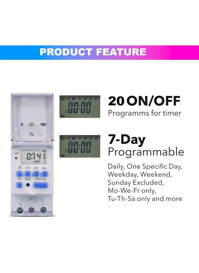 amiciSmart Digital Programmable Timer Switch Relay in-Built 7 Days Schedule, DIN Rail Mounted, 220V, 30A