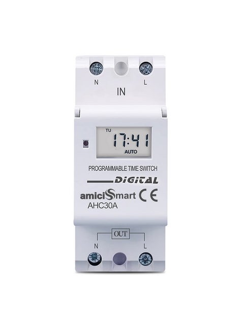 amiciSmart Digital Programmable Timer Switch Relay in-Built 7 Days Schedule, DIN Rail Mounted, 220V, 30A