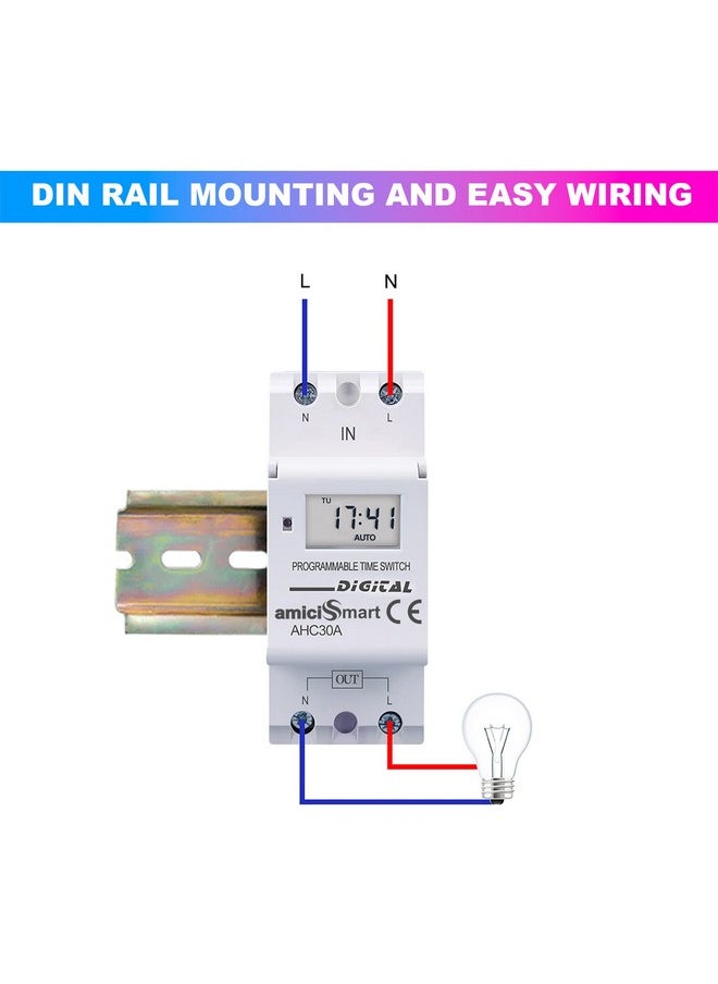 amiciSmart Digital Programmable Timer Switch Relay in-Built 7 Days Schedule, DIN Rail Mounted, 220V, 30A