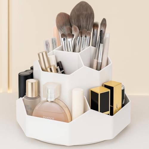 GROFFY Makeup Brush Holder Organizer,360° Rotating Makeup Brush Organizer,9 Slot Make up Brushes Cup for Cosmetics, Nail Polish, Art Supply, Bathroom Vanity Desktop Organizer (White) - Image 1