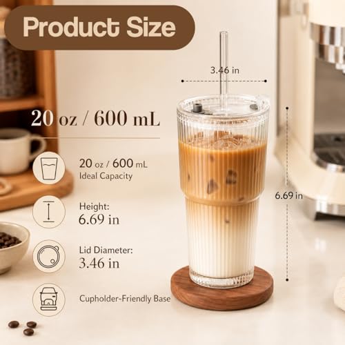 Haundry 20oz Ribbed Glass Cups with Lids and Straws, 2 Pack Iced Coffee Cups with Lids, Leak-Resistant Glass Tumblers, Reusable Coffee Cups for Iced Coffee, Matcha, Smoothies, Juice - Image 2