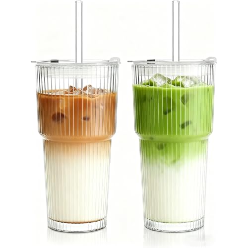 Haundry 20oz Ribbed Glass Cups with Lids and Straws, 2 Pack Iced Coffee Cups with Lids, Leak-Resistant Glass Tumblers, Reusable Coffee Cups for Iced Coffee, Matcha, Smoothies, Juice - Image 1