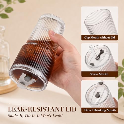 Haundry 20oz Ribbed Glass Cups with Lids and Straws, 2 Pack Iced Coffee Cups with Lids, Leak-Resistant Glass Tumblers, Reusable Coffee Cups for Iced Coffee, Matcha, Smoothies, Juice - Image 4