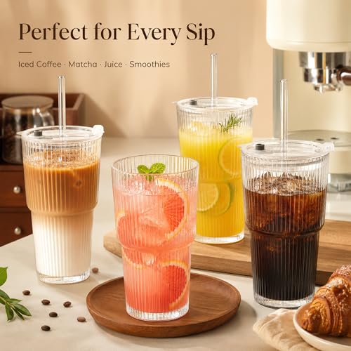 Haundry 20oz Ribbed Glass Cups with Lids and Straws, 2 Pack Iced Coffee Cups with Lids, Leak-Resistant Glass Tumblers, Reusable Coffee Cups for Iced Coffee, Matcha, Smoothies, Juice - Image 5