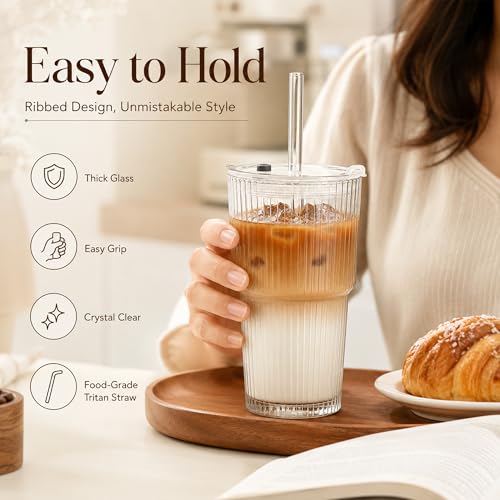 Haundry 20oz Ribbed Glass Cups with Lids and Straws, 2 Pack Iced Coffee Cups with Lids, Leak-Resistant Glass Tumblers, Reusable Coffee Cups for Iced Coffee, Matcha, Smoothies, Juice - Image 3
