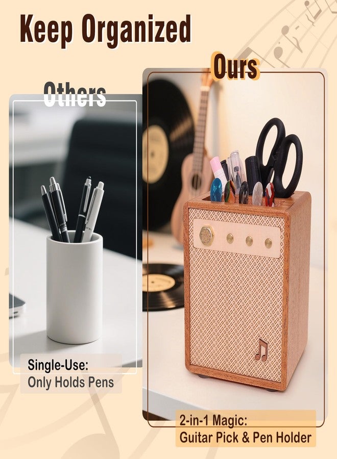 CoolGift Mart Guitar Accessories, Sapele Wood Amp Styled Guitar Pick Holder with Pen Storage, Desk Organiser Gift for Guitarists for Picks and Pens Storage - Image 4
