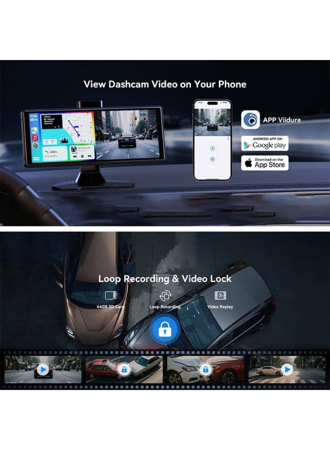 10.26-Inch Portable Wireless CarPlay & Android Auto Display, Universal 4K Dash Camera with 1080P Backup Camera, GPS Navigation, Touchscreen Car Stereo, ADAS Safety Alerts, FM Transmitter - Image 2