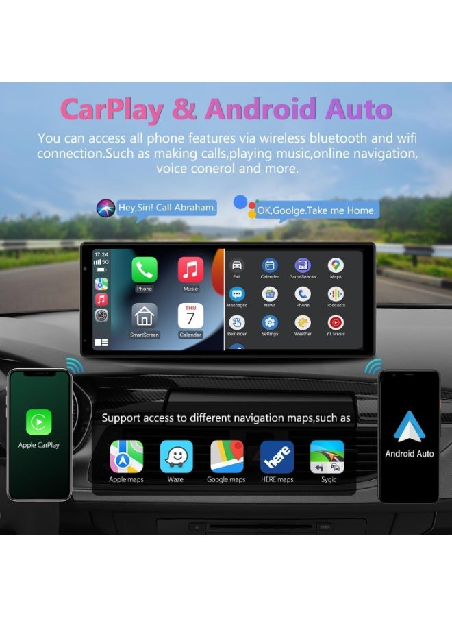 10.26-Inch Portable Wireless CarPlay & Android Auto Display, Universal 4K Dash Camera with 1080P Backup Camera, GPS Navigation, Touchscreen Car Stereo, ADAS Safety Alerts, FM Transmitter - Image 4