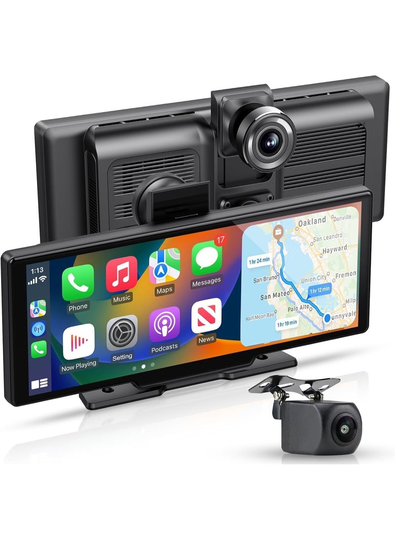 10.26-Inch Portable Wireless CarPlay & Android Auto Display, Universal 4K Dash Camera with 1080P Backup Camera, GPS Navigation, Touchscreen Car Stereo, ADAS Safety Alerts, FM Transmitter - Image 1