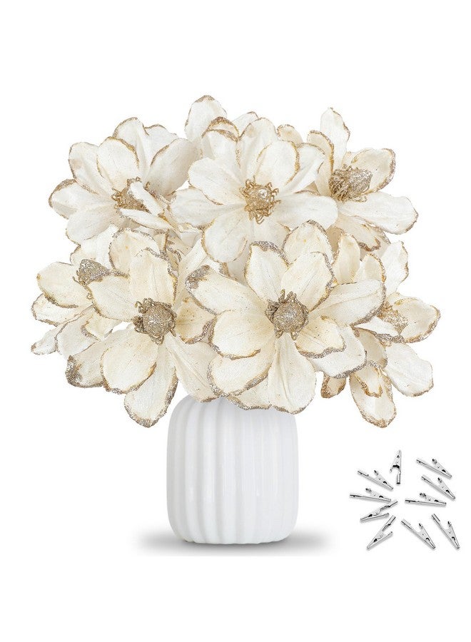 XunYee XunYee 10 Pcs Christmas Glitter Flowers Magnolia Flowers Christmas Tree Decorations White Poinsettia Flower Ornaments with Clips Artificial Floral for Christmas Tree Holiday DIY Wreath Party Decor  - Image 1
