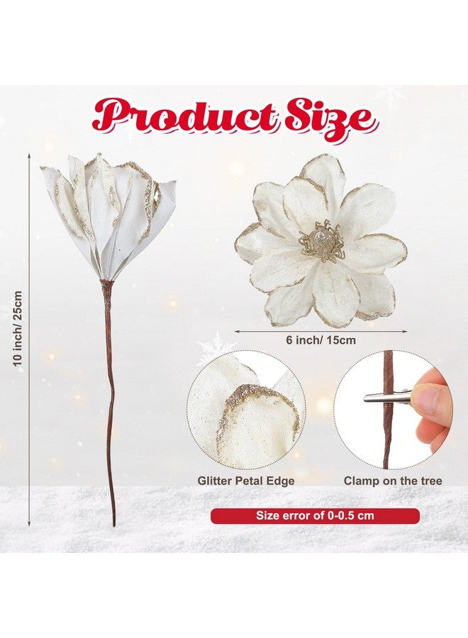 XunYee XunYee 10 Pcs Christmas Glitter Flowers Magnolia Flowers Christmas Tree Decorations White Poinsettia Flower Ornaments with Clips Artificial Floral for Christmas Tree Holiday DIY Wreath Party Decor  - Image 2
