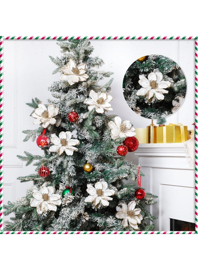 XunYee XunYee 10 Pcs Christmas Glitter Flowers Magnolia Flowers Christmas Tree Decorations White Poinsettia Flower Ornaments with Clips Artificial Floral for Christmas Tree Holiday DIY Wreath Party Decor  - Image 3