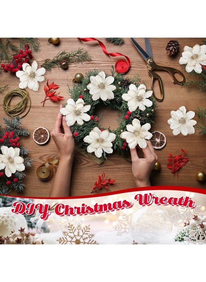 XunYee XunYee 10 Pcs Christmas Glitter Flowers Magnolia Flowers Christmas Tree Decorations White Poinsettia Flower Ornaments with Clips Artificial Floral for Christmas Tree Holiday DIY Wreath Party Decor  - Image 4